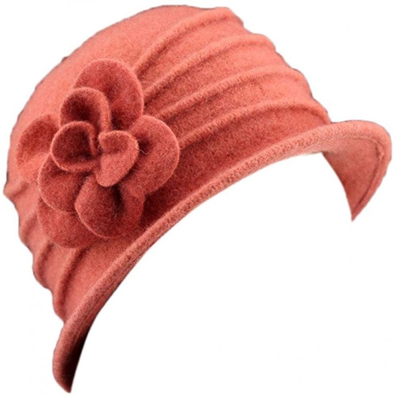 Skullies & Beanies Women 100% Wool Felt Round Top Cloche Hat Fedoras Trilby with Bow Flower - A4 Orange-1 - CV188ZX0HRK $37.46