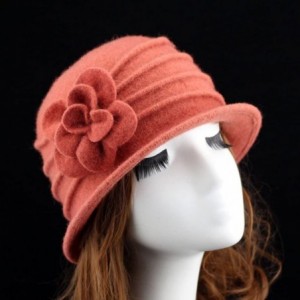 Skullies & Beanies Women 100% Wool Felt Round Top Cloche Hat Fedoras Trilby with Bow Flower - A4 Orange-1 - CV188ZX0HRK $37.46