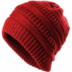 Skullies & Beanies Cable Knit Beanie Slouchy Hats Fleece Lined Cuff Toboggan Crochet Winter Cap Warm Hat Womens Mens - Wine R...