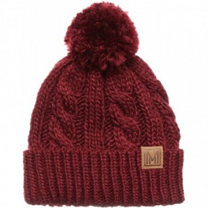 Skullies & Beanies Winter Oversized Cable Knitted Pom Pom Beanie Hat with Fleece Lining. - Burgundy - CC186MGWLH8 $25.49