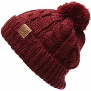 Skullies & Beanies Winter Oversized Cable Knitted Pom Pom Beanie Hat with Fleece Lining. - Burgundy - CC186MGWLH8 $29.18