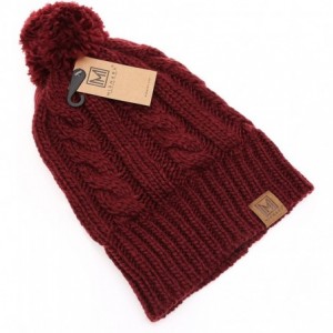 Skullies & Beanies Winter Oversized Cable Knitted Pom Pom Beanie Hat with Fleece Lining. - Burgundy - CC186MGWLH8 $29.18