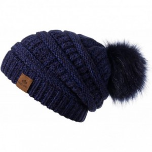 Skullies & Beanies Womens Fleece Lined Slouchy Beanie Chunky Baggy Hat Fur Pompom Winter Soft Warm Cap - Navy - CI18LAKI2KY $...