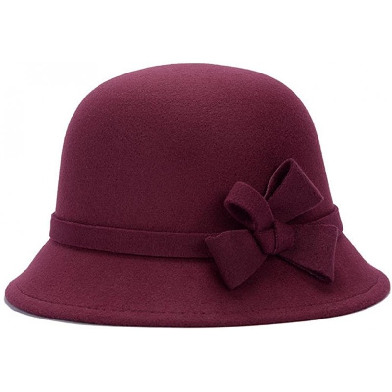 Fedoras Women Girls Fashion Autumn Winter Bowknot Bowler Hat Top Hat Felt Cap - Wine Red - C6188AQOT6Z $18.42