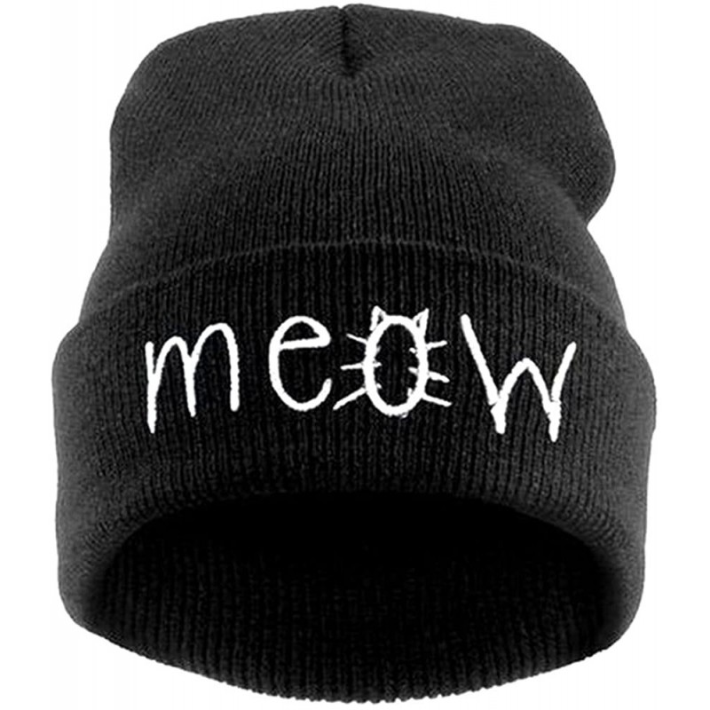 Skullies & Beanies Slouchy Beanie Winter Knit Skull Hat for Women Men with Meow - Black - CM12980Q30F $19.59