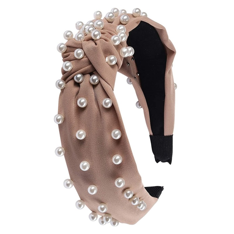 Headbands Ladies Beige Satin With Pearls Top-knot Headband (Satin Beige) - Satin Beige - CH18SDZ9E0E $18.90