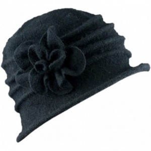 Berets Women 100% Wool Solid Color Round Top Cloche Beret Cap Flower Fedora Hat - 3 Black - CM186WZ72X2 $36.41
