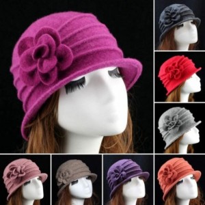 Berets Women 100% Wool Solid Color Round Top Cloche Beret Cap Flower Fedora Hat - 3 Black - CM186WZ72X2 $33.96