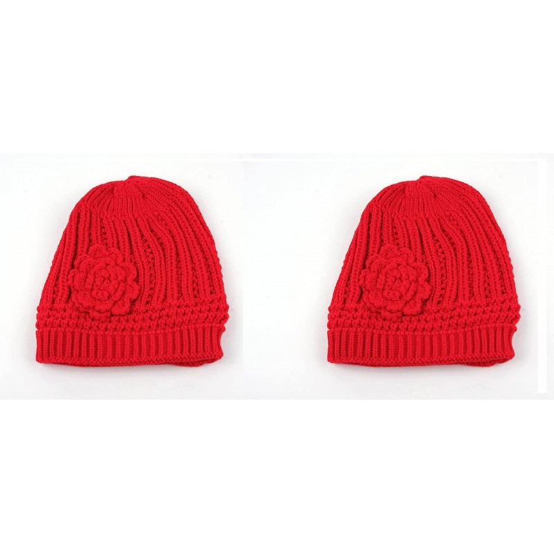 Skullies & Beanies Winter Knit Flower Beanie Hat 333HB - 2 Pcs Red & Red - CS122Q1NB3Z $30.62