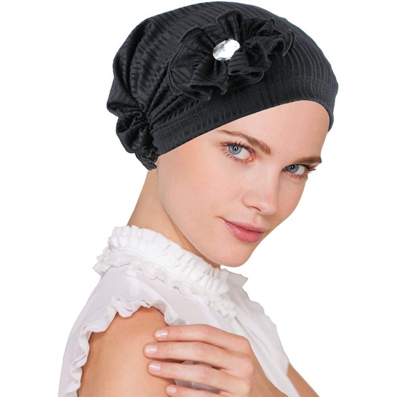 Skullies & Beanies Josie Turban Chemo Cancer Hat Scarf with Rhinestone Flower - 06 - Polyester Ribbed Black - CA18Q0YURUC $33.70