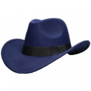 Fedoras Men's Crushable Felt Outback Hat Wool Wide Brim Western Cowboy Hat Fedora Jazz Cap - Navy - CU18SRUWSSW $47.87