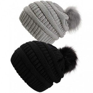 Skullies & Beanies Slouchy Winter Knit Beanie Cap Chunky Faux Fur Pom Pom Hat Bobble Ski Cap - Z-black/Light Grey 2pcs - CF18...
