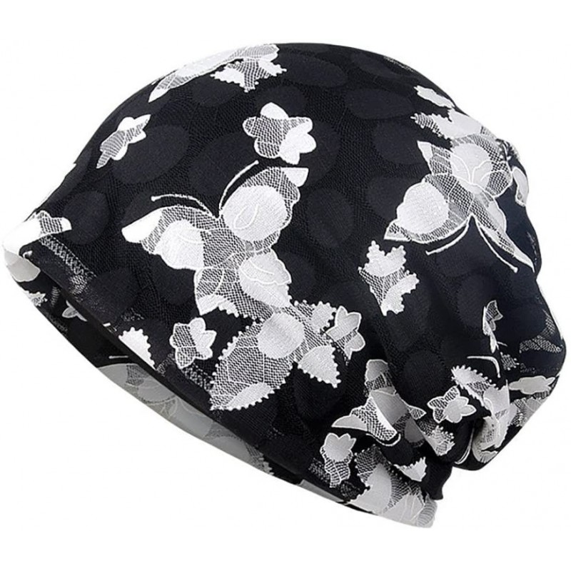 Headbands Lace Floral Beanie Hat Diamonds Beads Chemo Cap Soft Comfort Chic Slouchy Hats for Women - Butterfly Black - CT18H3...