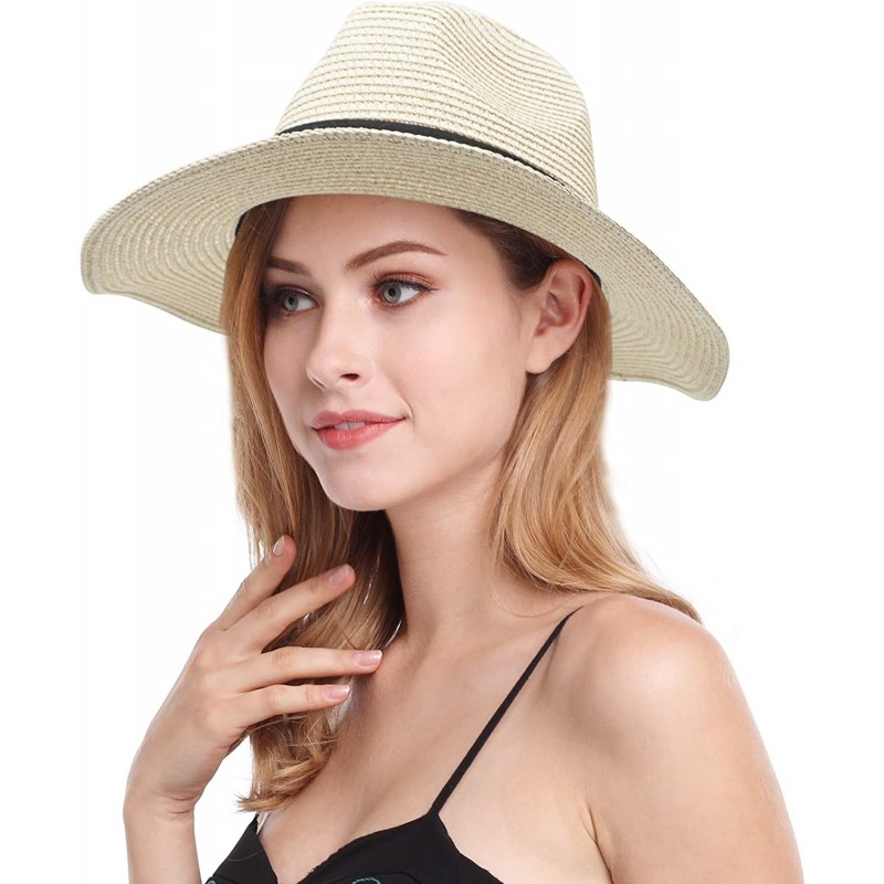 Women and Men Panama Straw Hat Wide Brim Summer Beach Sun Hat - Beige ...