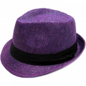 Fedoras Women Men Summer Double Colors Straw Fedora Hat w/Rasta Band- Purple- LXL - CW11ZF3NIET $29.58