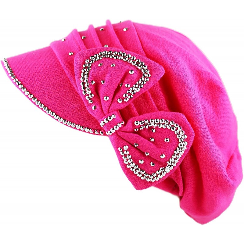 Skullies & Beanies Womens Knit Visor Beanie Cap with Ribbon and Rhinestone Hat - Fuchsia - CS126ILKZLF $28.21