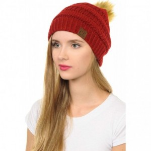 Skullies & Beanies Hat-43 Thick Warm Cap Hat Skully Faux Fur Pom Pom Cable Knit Beanie - Red - CG18X9WMI8M $21.42