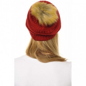Skullies & Beanies Hat-43 Thick Warm Cap Hat Skully Faux Fur Pom Pom Cable Knit Beanie - Red - CG18X9WMI8M $21.42