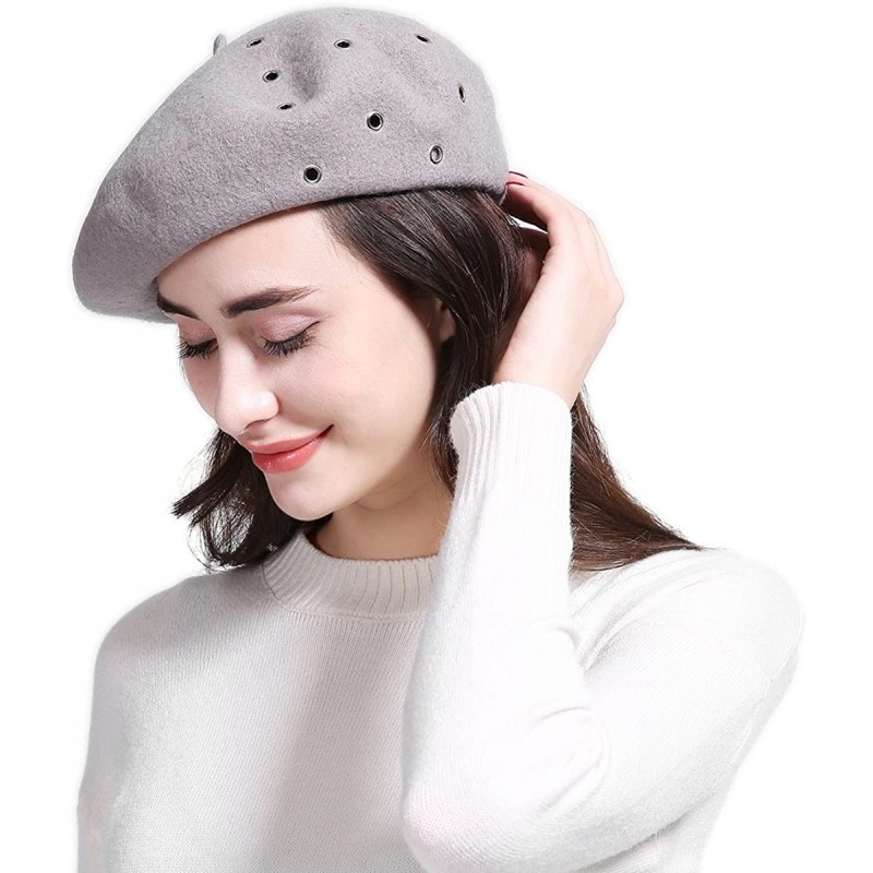 Berets Women's Franch Inspired Wool Felt Beret Hat Bow/Rivet/Floral Appliqued - Rivet-grey - CO187Q9KH3M $30.43