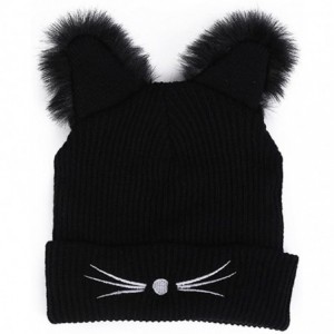 Berets 2018 Fashion Hat- Lady's Cat Ear Embroidered Knitted Cap Black - CM18HYWZGTQ $20.75