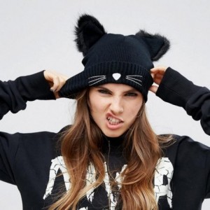 Berets 2018 Fashion Hat- Lady's Cat Ear Embroidered Knitted Cap Black - CM18HYWZGTQ $17.29
