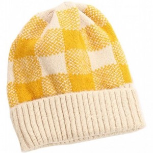 Skullies & Beanies Warm Cozy and Cute Buffalo Check Beanie Hat with Cuff Soft Acrylic - Yellow/Beige - CY18AAHHQ53 $22.31