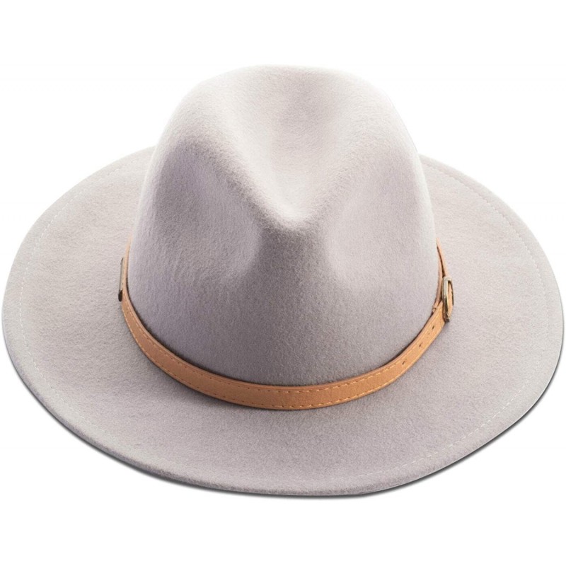 Fedoras Fedora Wide Brim Wool Hat with Faux Leather Belt - Gray - C0192C74CUA $38.08