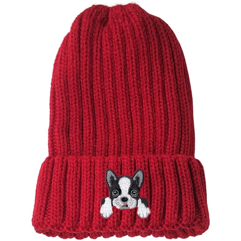 Skullies & Beanies [ Boston Terrier ] Cute Embroidered Puppy Dog Warm Knit Fleece Winter Beanie Skull Cap - Red - C7189RX8SQH...