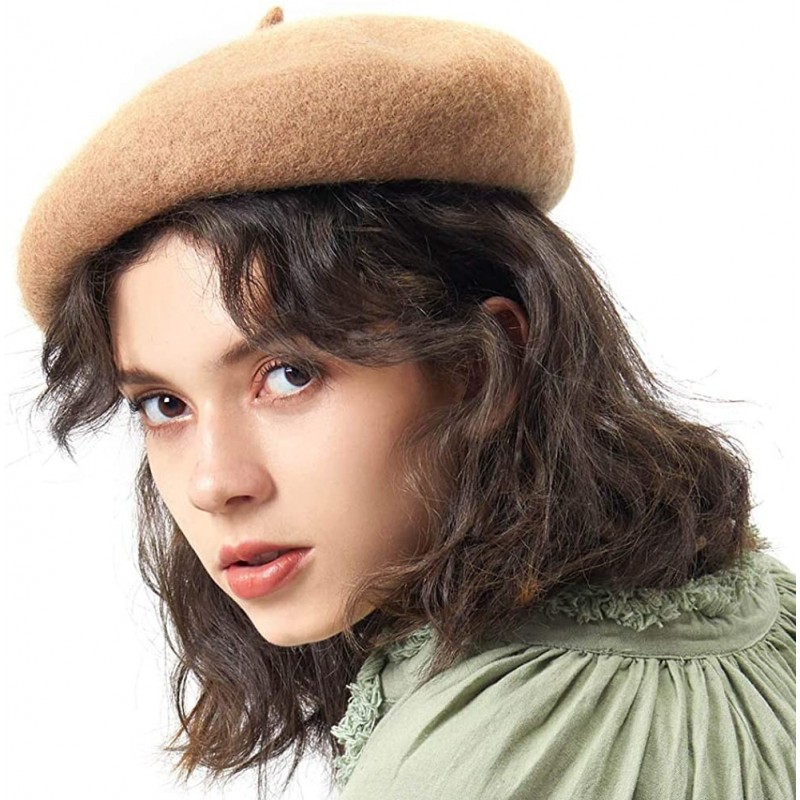 Berets 100% Wool French Beret for Women Classic Solid Color Artist Beret Knitted Cap - Khaki - CH18A2X4YG5 $22.13