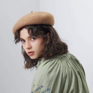 Berets 100% Wool French Beret for Women Classic Solid Color Artist Beret Knitted Cap - Khaki - CH18A2X4YG5 $11.82