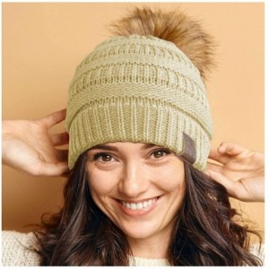 Skullies & Beanies Women Hat Faux Fur Pom Pom Winter Wool Beanie Thick Knit Snow Ski Cable Cap - Cream - CN18L7SDZCG $25.25
