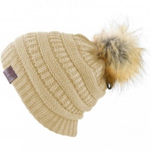 Skullies & Beanies Women Hat Faux Fur Pom Pom Winter Wool Beanie Thick Knit Snow Ski Cable Cap - Cream - CN18L7SDZCG $22.48