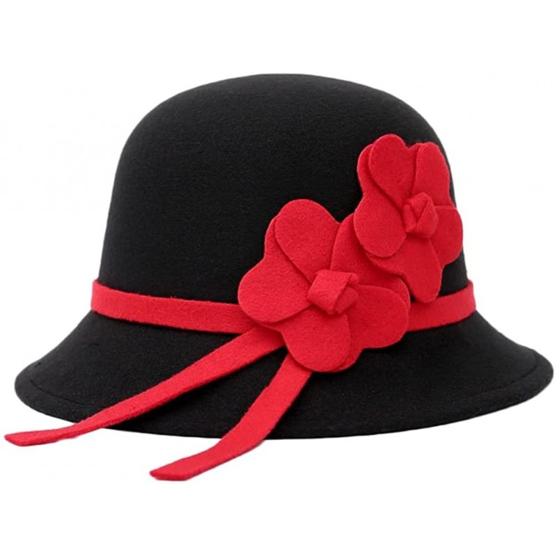 Bucket Hats Flower Faux Wool Felt Cloche Bucket Bowler Hat for Women Church Hats Autumn Spring Winter - Black - CO17YDKDMAE $...