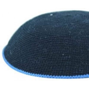 Skullies & Beanies Knitted DMC Kippah Black with Royal Blue Border 16 Centimeters - C512OD19ONP $48.11