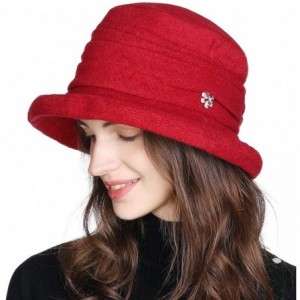 Bucket Hats Women Winter Wool Bucket Hat 1920s Vintage Cloche Bowler Hat with Bow/Flower Accent - 16060red - CK18A5WL22N $19.47