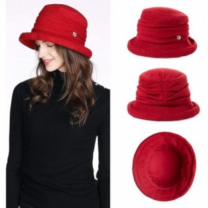 Bucket Hats Women Winter Wool Bucket Hat 1920s Vintage Cloche Bowler Hat with Bow/Flower Accent - 16060red - CK18A5WL22N $42.72