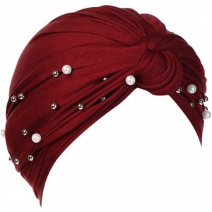 Bomber Hats Women Muslim Turban Pearl Hat Bonnet Hijab Headscarf Islamic Chemo Cap - Wine - CI18RZXHNO8 $21.54