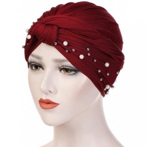 Bomber Hats Women Muslim Turban Pearl Hat Bonnet Hijab Headscarf Islamic Chemo Cap - Wine - CI18RZXHNO8 $19.18