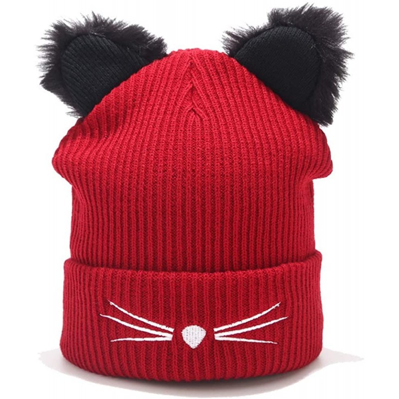 Skullies & Beanies Unisex Funny Winter Hat w/Fake Beard Detachable Beard Beanie Hand-Knit Hat - Cat Ears Wine Red - C71935MI6...