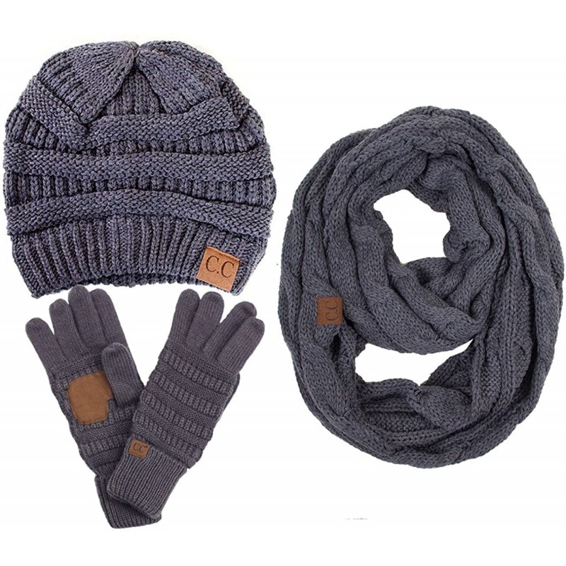 Skullies & Beanies 3pc Set Trendy Warm Chunky Soft Stretch Cable Knit Beanie- Scarves and Gloves Set - Dark Grey - CU18H6N2NW...