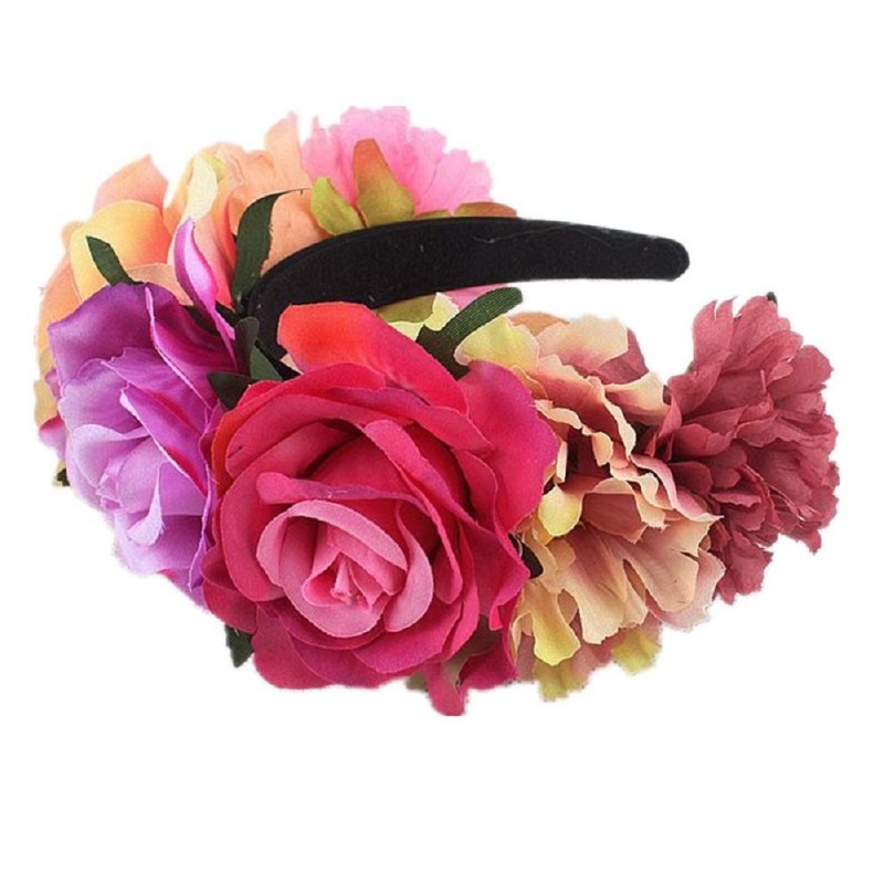 Headbands Day of the Dead Flower Crown Festival Headband Rose Mexican Floral Headpiece HC-23 (Pink Fuchsia) - Pink Fuchsia - ...