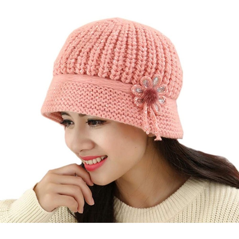 Berets Winter Beret Cap Womens Flower Knit Crochet Beanie Hat Winter Warm Cap - Pink ❤️ - CX18LCAD57N $22.07