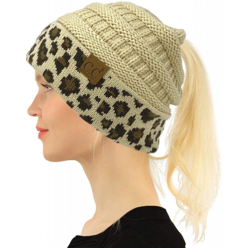 Skullies & Beanies Ponytail Messy Bun BeanieTail Soft Winter Knit Stretch Beanie Hat - Leopard Beige - CS18AEIY6AE $27.68