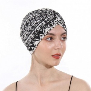 Skullies & Beanies Women's Cotton Turban Elastic Beanie Printing Sleep Bonnet Chemo Cap Hair Loss Hat - Black - CJ18RNY22QC $...