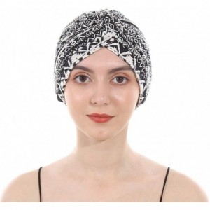 Skullies & Beanies Women's Cotton Turban Elastic Beanie Printing Sleep Bonnet Chemo Cap Hair Loss Hat - Black - CJ18RNY22QC $...