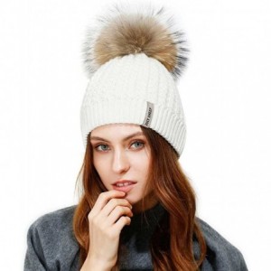 Skullies & Beanies Crochet Knit Fur Hat with Real Large Fur Pompom Beanie Hats Winter Ski Cap - White - CM183NTC7W0 $40.13