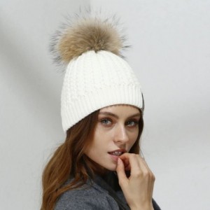 Skullies & Beanies Crochet Knit Fur Hat with Real Large Fur Pompom Beanie Hats Winter Ski Cap - White - CM183NTC7W0 $33.44
