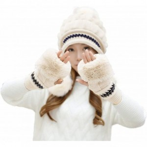 Skullies & Beanies Women Knit Beanie Winter Ski Hat Cap with Earflap Pom Glove Set - Hat Glove Set_beige - CK188KLXS8M $34.09