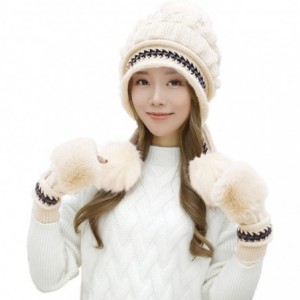 Skullies & Beanies Women Knit Beanie Winter Ski Hat Cap with Earflap Pom Glove Set - Hat Glove Set_beige - CK188KLXS8M $34.09