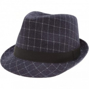 Fedoras Men's Classic Fashion Short Brim Trilby Structured Gangster Fedora Hat with Band - Windowpane- Navy - CK18WL3N2N9 $31.19